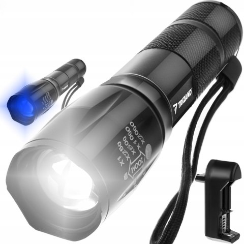 Latarka Taktyczna Wojskowa Mocna Szperacz Cree Xpe Led Zoom Z Uv Aku + Etui