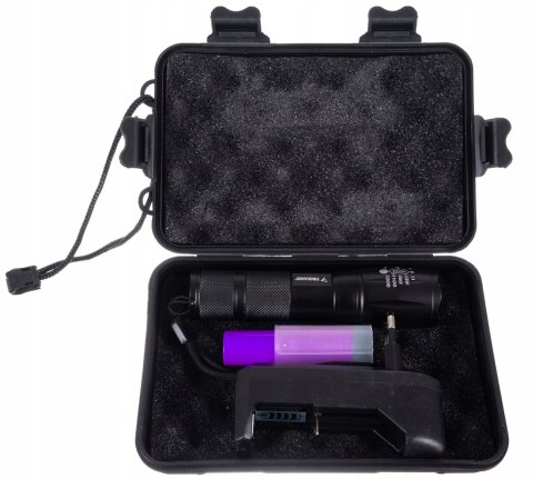 Latarka Taktyczna Wojskowa Mocna Szperacz Cree Xpe Led Zoom Z Uv Aku + Etui