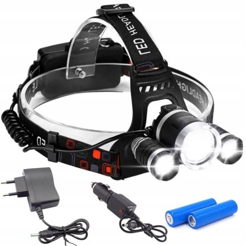 Mocna Latarka Czołowa 3X Led Cree Xm-L T6 Czołówka Na Głowę Czarna