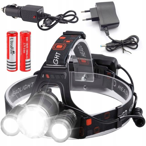 Mocna Latarka Czołowa 3X Led Cree Xm-L T6 Czołówka Na Głowę Czarna