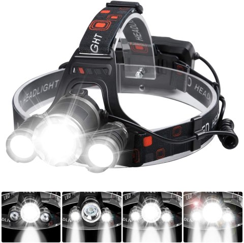 Mocna Latarka Czołowa 3X Led Cree Xm-L T6 Czołówka Na Głowę Czarna