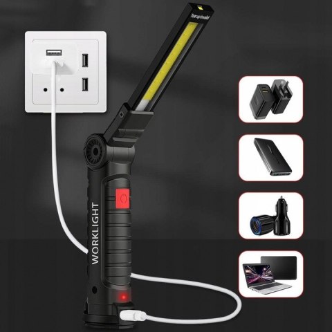 Latarka Akumulatorowa Led Lampa Warsztatowa Hak Magnes Czarna