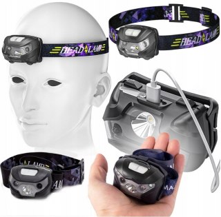 Latarka Czołowa Czołówka Aku Lampa Led 5 Trybów + Kabel Usb Na Głowę