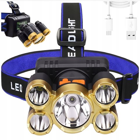 Latarka Czołowa Mocna Turystyczna Dla Mechanika Czołówka 5 X Led Kabel Usb