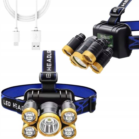 Latarka Czołowa Mocna Turystyczna Dla Mechanika Czołówka 5 X Led Kabel Usb