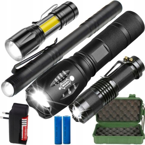 Latarka Led 4 Szt Zestaw Taktyczna Akumulatorowa Led Cree Xm-L T6 I Q5 Zoom