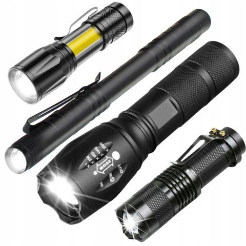 Latarka Led 4 Szt Zestaw Taktyczna Akumulatorowa Led Cree Xm-L T6 I Q5 Zoom