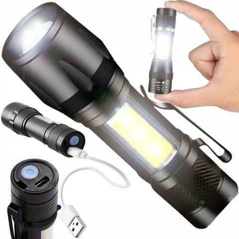 Latarka Taktyczna Led Zoom Klips Boczny Reflektor Cob Akumulatorowa Usb