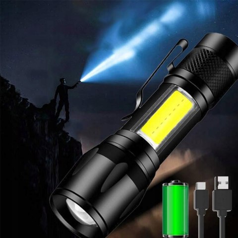 Latarka Taktyczna Led Zoom Klips Boczny Reflektor Cob Akumulatorowa Usb