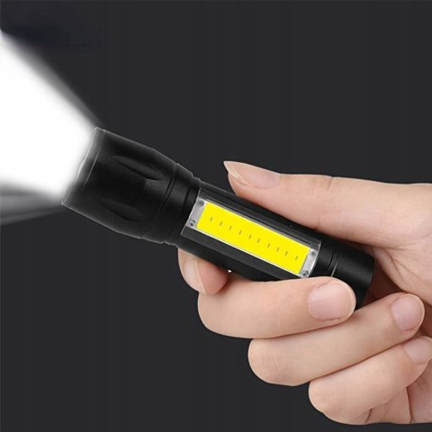 Latarka Taktyczna Led Zoom Klips Boczny Reflektor Cob Akumulatorowa Usb