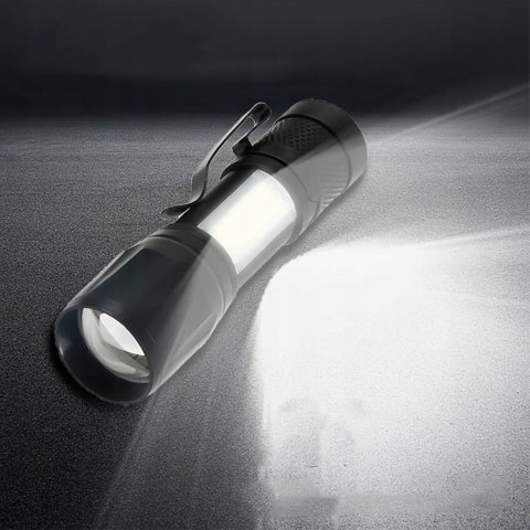 Latarka Taktyczna Led Zoom Klips Boczny Reflektor Cob Akumulatorowa Usb