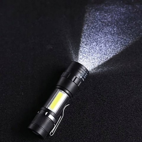 Latarka Taktyczna Led Zoom Klips Boczny Reflektor Cob Akumulatorowa Usb