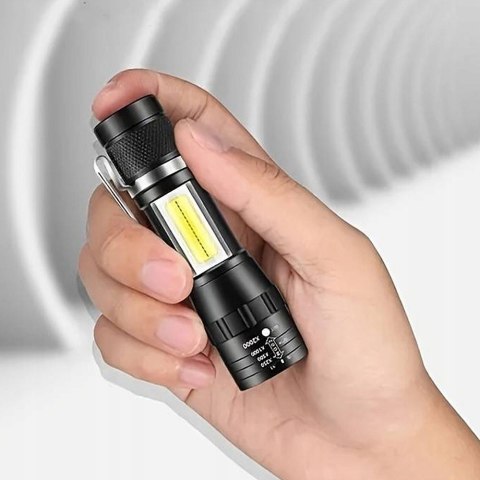 Latarka Taktyczna Led Zoom Klips Boczny Reflektor Cob Akumulatorowa Usb