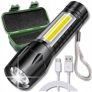 Mała Mocna Latarka Taktyczna Led Cob Zoom T6 Usb Czarna Kabel