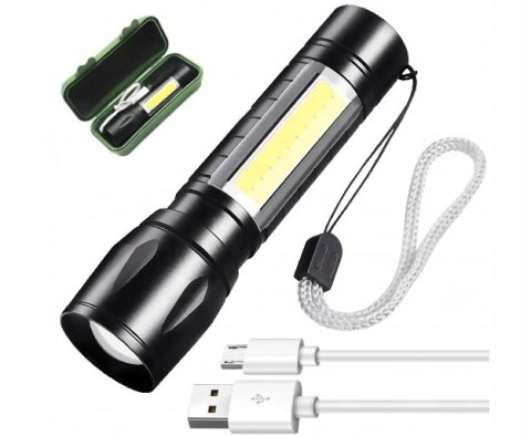 Mała Mocna Latarka Taktyczna Led Cob Zoom T6 Usb Czarna Kabel