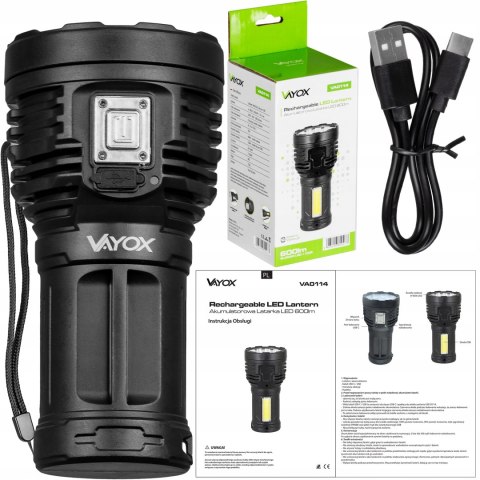 Mocna Latarka Led Szperacz Akumulatorowa Światło Boczne Usb-C 600Lm Vayox