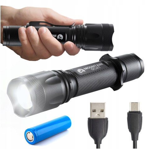 Mocna Latarka Taktyczna Survivalowa Led Ładow Usb Czarna Mocna
