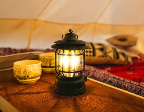 Lampa Kempingowa Turystyczna Latarnia Akumulator Hak Mocna Szara