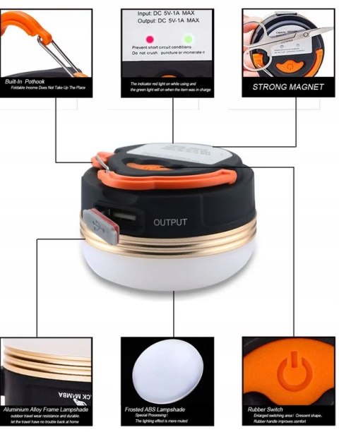 Lampa Turystyczna Latarka Kempingowa Led Powerbank Pod Namiot Biwakowa