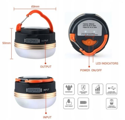 Lampa Turystyczna Latarka Kempingowa Led Powerbank Pod Namiot Biwakowa