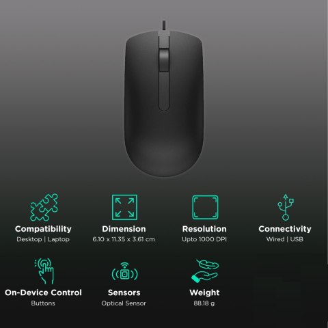 Nowa Czarna Mysz Optyczna Dell Ms116 Usb 1000Dpi Mocna Myszka