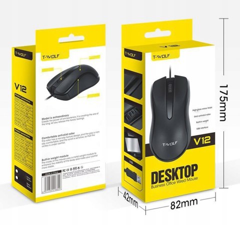 Mysz Optyczna Myszka Komputerowa T-Wolf V12 Usb Czarna Mocna