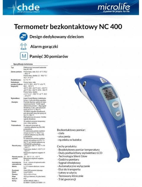 Microlife Termometr Dla Dzieci Bezdotykowy Nc 400 Niebieski Mocny