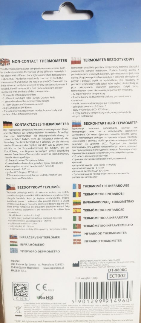 Termometr Bezdotykowy Na Podczerwień Esperanza Gk1g-P34s Z Etui
