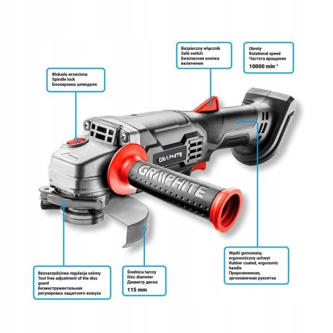 Szlifierka Kątowa Akumulatorowa Graphite 18V Li-Ion 115Mm 10000 Obr/Min