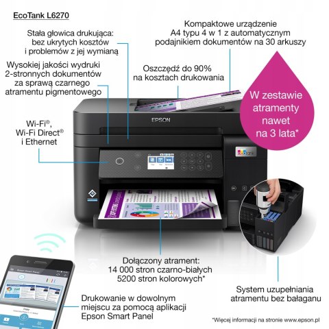 Wielofunkcyjna Drukarka Epson Ecotank L6270 - Kolor, Wifi, Duplex, Adf