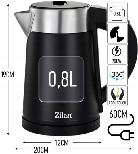 Czajnik elektryczny Zilan 0,8L 900W cichy, podróżny, bezpieczny w dotyku