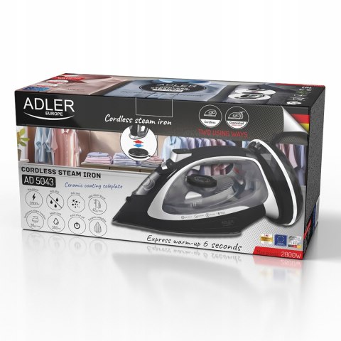 Żelazko Parowe Adler 2800W - Bez/Przewodowe, Ceramiczna Stopa, 2 Tryby