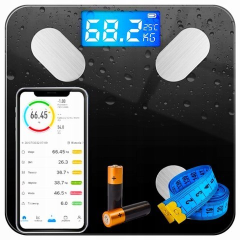 Waga Łazienkowa Bluetooth 180Kg Z 25 Funkcjami, Z Miarą I Bateriami