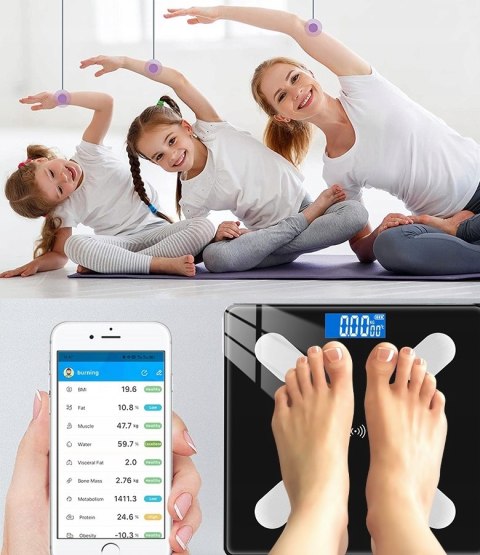 Waga Łazienkowa Bluetooth 180Kg Z 25 Funkcjami, Z Miarą I Bateriami