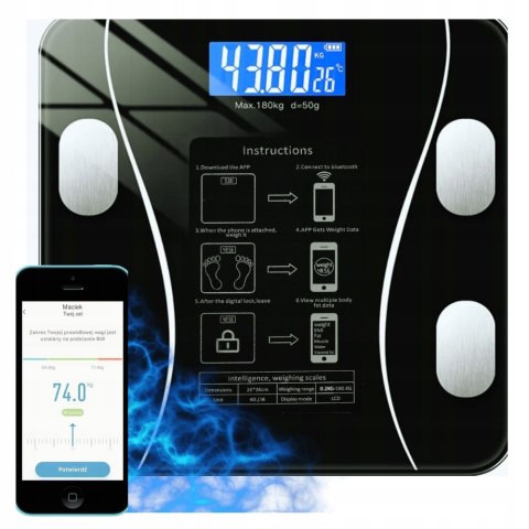 Waga Łazienkowa Smart Analityczna 180Kg Bluetooth 25 Funkcji + Aplikacja