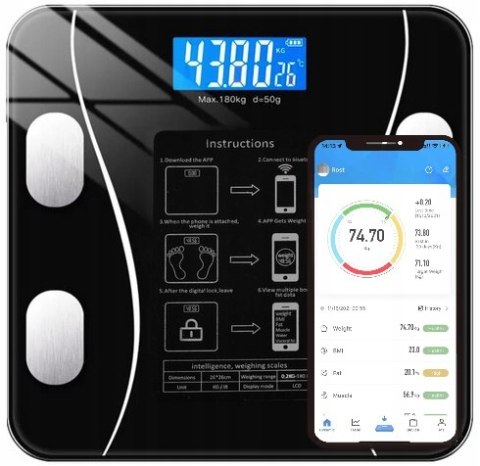 Inteligentna Waga Łazienkowa 180Kg 8-Parametrowa Bluetooth Z Temperaturą