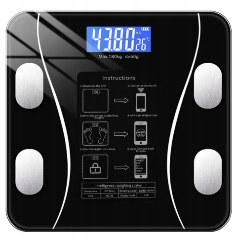 Inteligentna Waga Łazienkowa 180Kg 8-Parametrowa Bluetooth Z Temperaturą