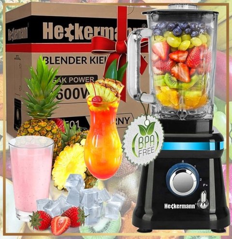 Mocny Blender 1600W Heckermann Premium Szklany 1,6L Do Smoothie I Koktajli