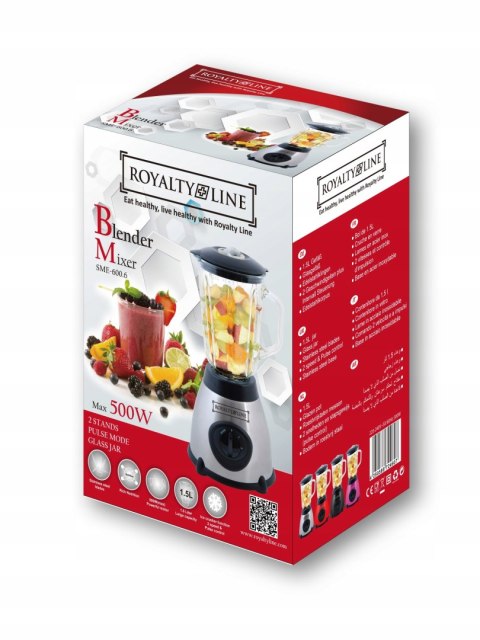 Blender Kielichowy 800W Royalty Line 1,5L Szklany Dżbanek, Młynek Do Kawy